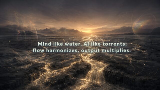 Zen Music cover for Mind like water, AI like torrents; flow harmonizes, output multiplies.